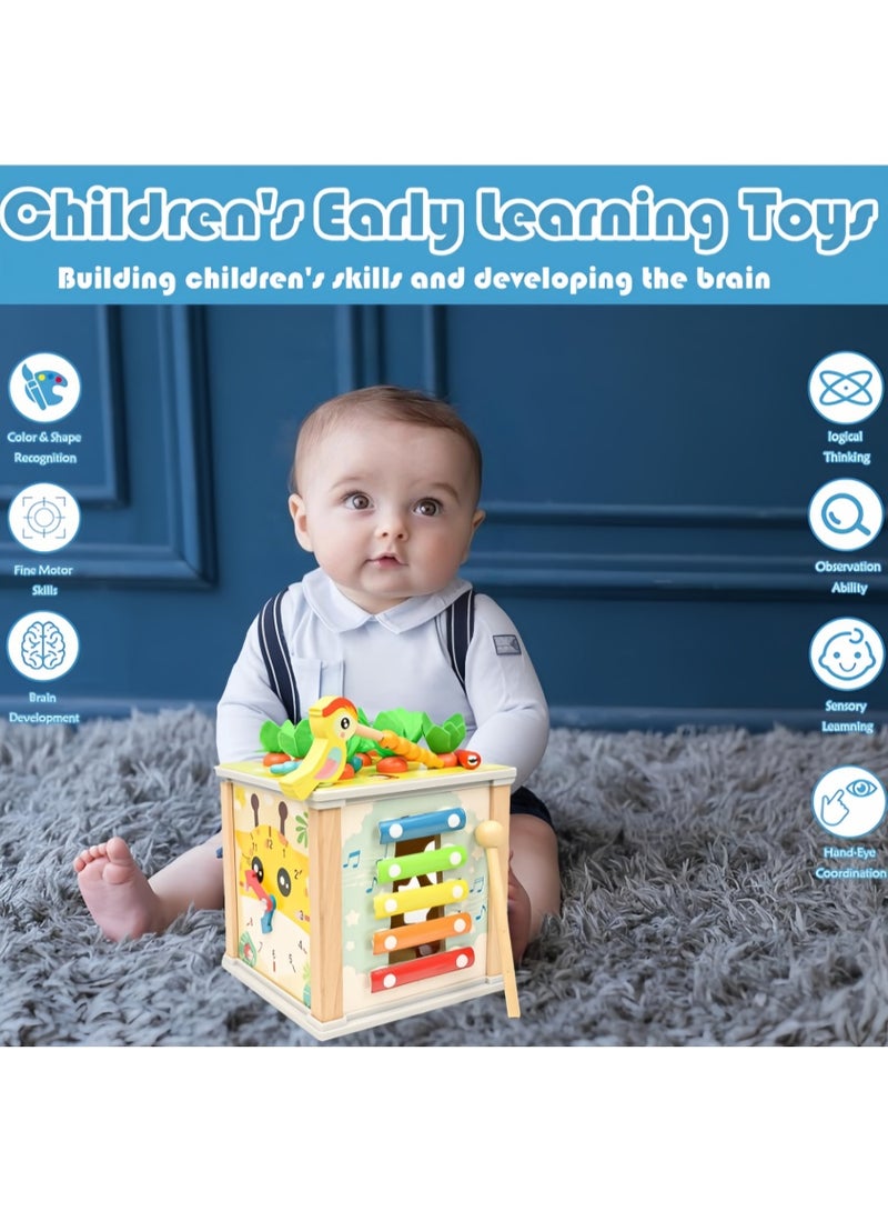 مكعب أنشطة خشبي 6 في 1، ألعاب مونتيسوري مع لعبة فرز وتكديس، صندوق كنز متعدد الوظائف، لعبة تكديس الجزر للأولاد والبنات - Image 4